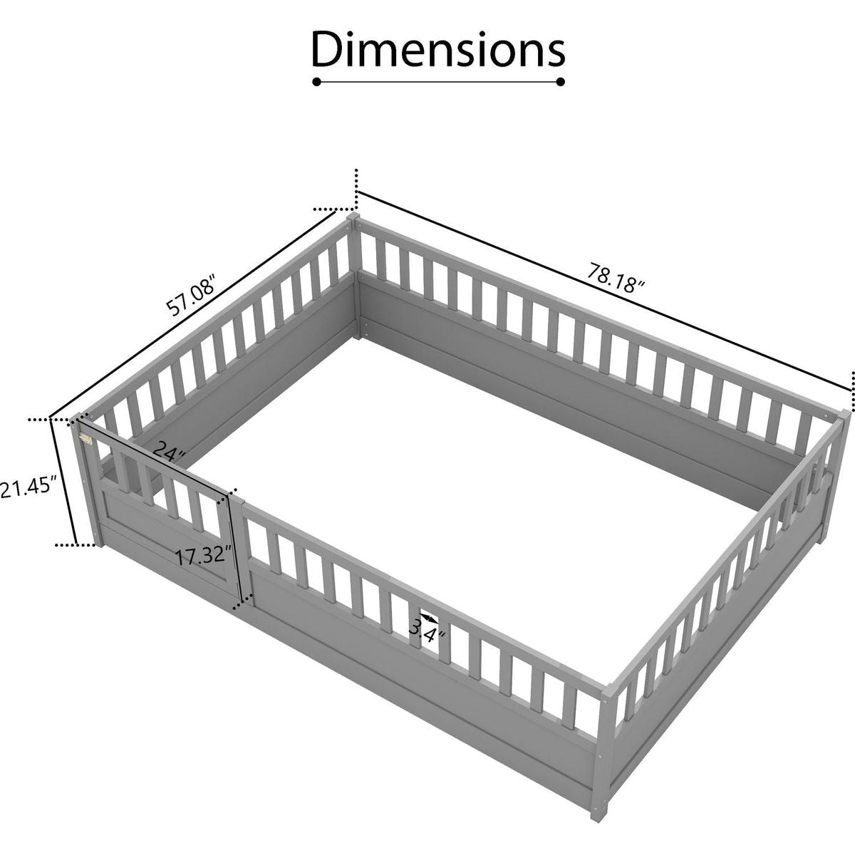 Full size Floor bed, integral construction with super high security barrier, door, children's floor bed frame, Montessori wooden children's floor bed, Grey