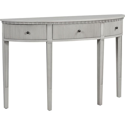 Distinctive Features of Pine Veneer Console Table with Vertical Stripe Drawer Fronts and Four Legs