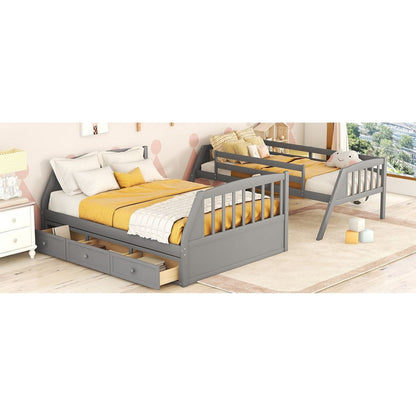 Twin-Over-Full Bunk Bed with Drawers氓Ladder and Storage Staircase, Gray