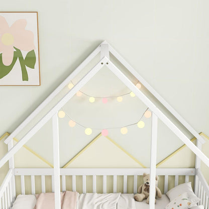 Twin Wood House-Shaped Floor Bed with Fence, Guardrails, White