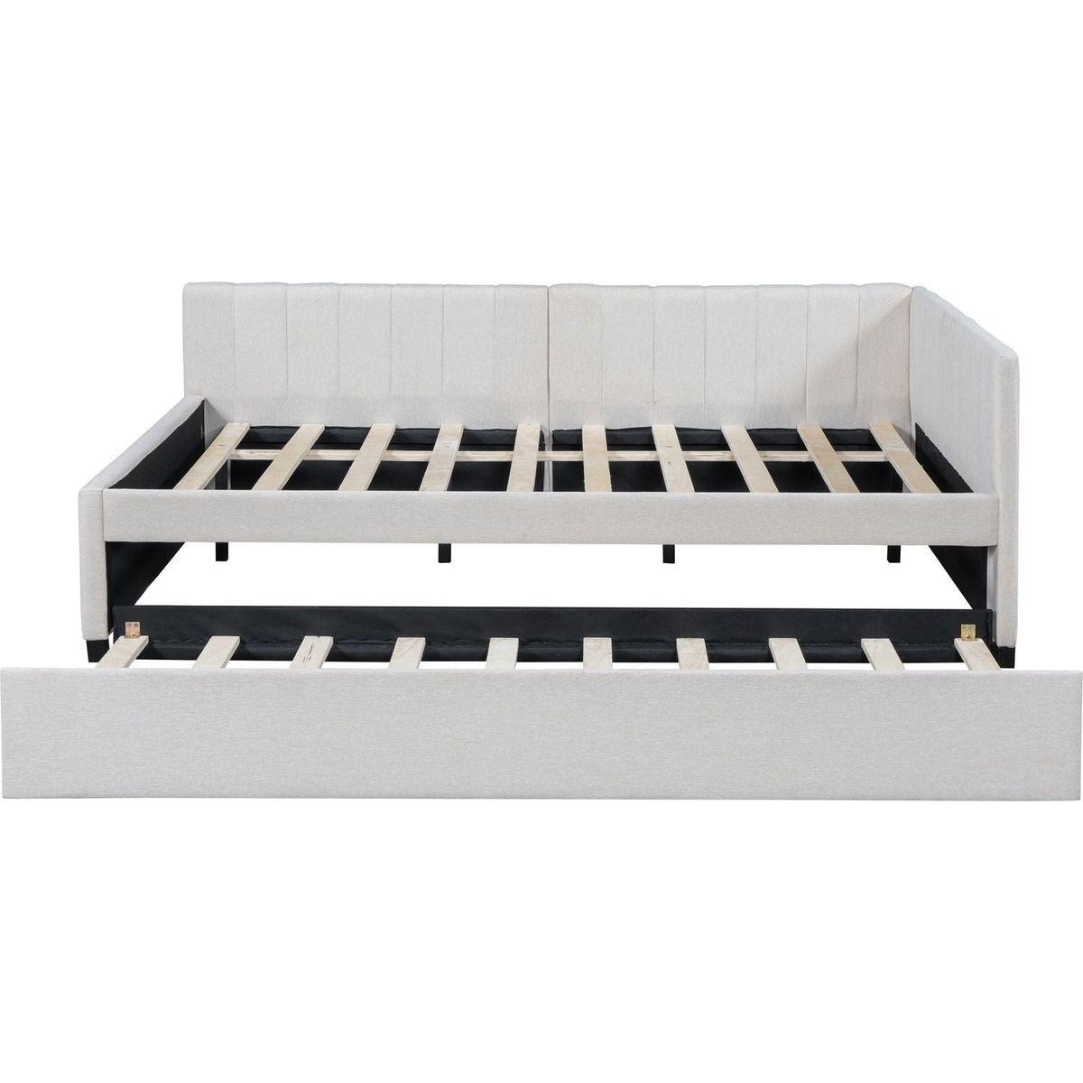 Full Size Upholstered Daybed with Trundle Sofa Bed Frame No Box Spring Needed, Linen Fabric(Beige)