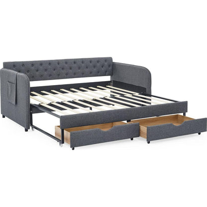 Twin Size Upholstery Daybed with Trundle Bed and Two Storage Drawers, Flat Arms with Pocket, Extendable Daybed for Bedroom Living Room,Linen Dark Gray