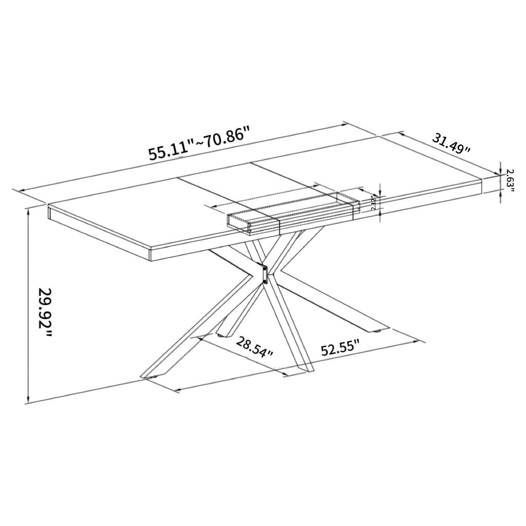 55.11" -70.86"Retro Rectangular Stretch Dining Table, Grey Carole Top With Black Embossed Center Plate, Black Fine Sand Cross Iron Foot Base Dining Table, With Storage Box.