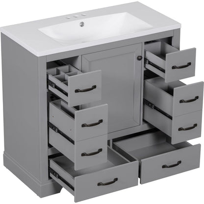 36" Bathroom Vanity with Sink Combo, Six Drawers, Multi-Functional Drawer Divider, Adjustable Shelf, Grey