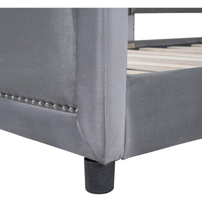 Twin Size Upholstered Daybed with Classic Stripe Shaped Headboard, Gray