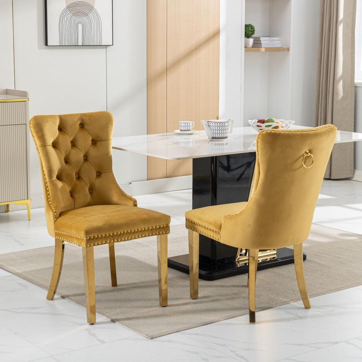 Nikki Collection Modern, High-end Tufted Solid Wood Contemporary Velvet Upholstered Dining Chair with Golden Stainless Steel Plating Legs,Nailhead Trim,Set of 2,Gold