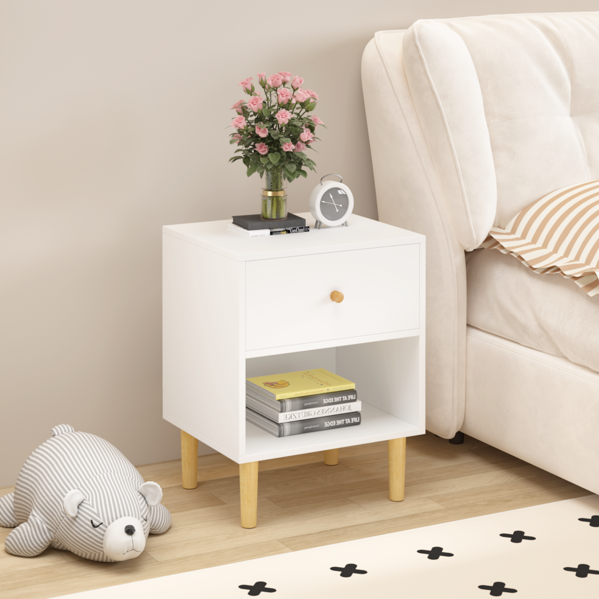 23.22''H Wooden Nightstand with One Drawer One Shelf for Kids, Adults, White