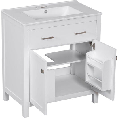 30-inch Bathroom Vanity with Ceramic Sink, Modern White Single Bathroom Cabinet with 2 Doors and a Shelf, Soft Close Doors