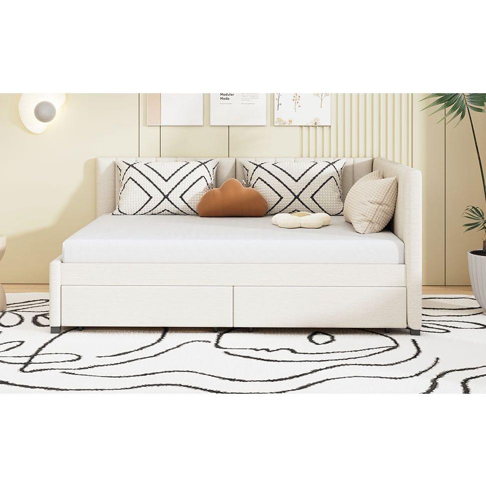 Full Size Upholstered Daybed with 2 Storage Drawers Sofa Bed Frame No Box Spring Needed, Linen Fabric (Beige)