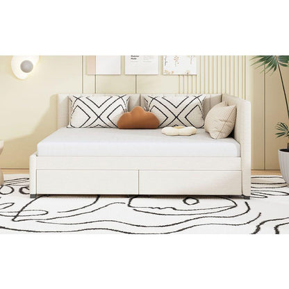 Full Size Upholstered Daybed with 2 Storage Drawers Sofa Bed Frame No Box Spring Needed, Linen Fabric (Beige)