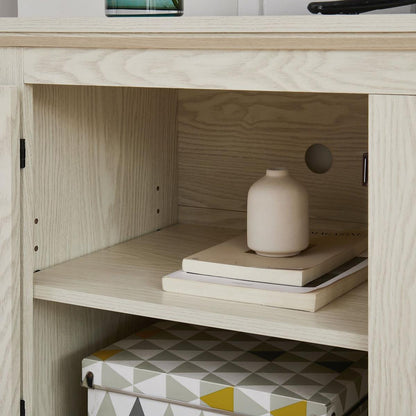 Farmhouse Rattan TV Stand Console Table for TVs up to 70 Inches, TV Console Table with 2 Storage Shelves, 2 Natural Rattan Door Cabinets,65"Wx15.55"Dx23.86"H, White