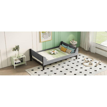 Twin Bed with Headboard, Footboard, Safeguards, Built-in Bed-end Book Storage Rack, Grey