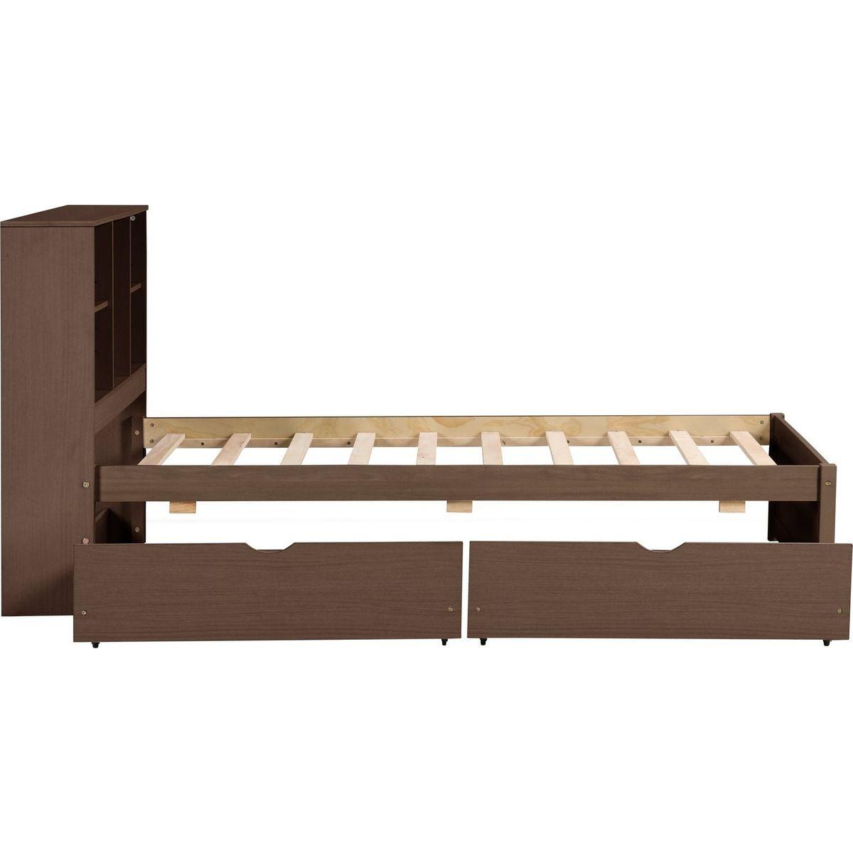 Modern Twin Size Bed Frame With Built-in USB Port on Bookcase Headboard and 2 Drawers for Walnut Color