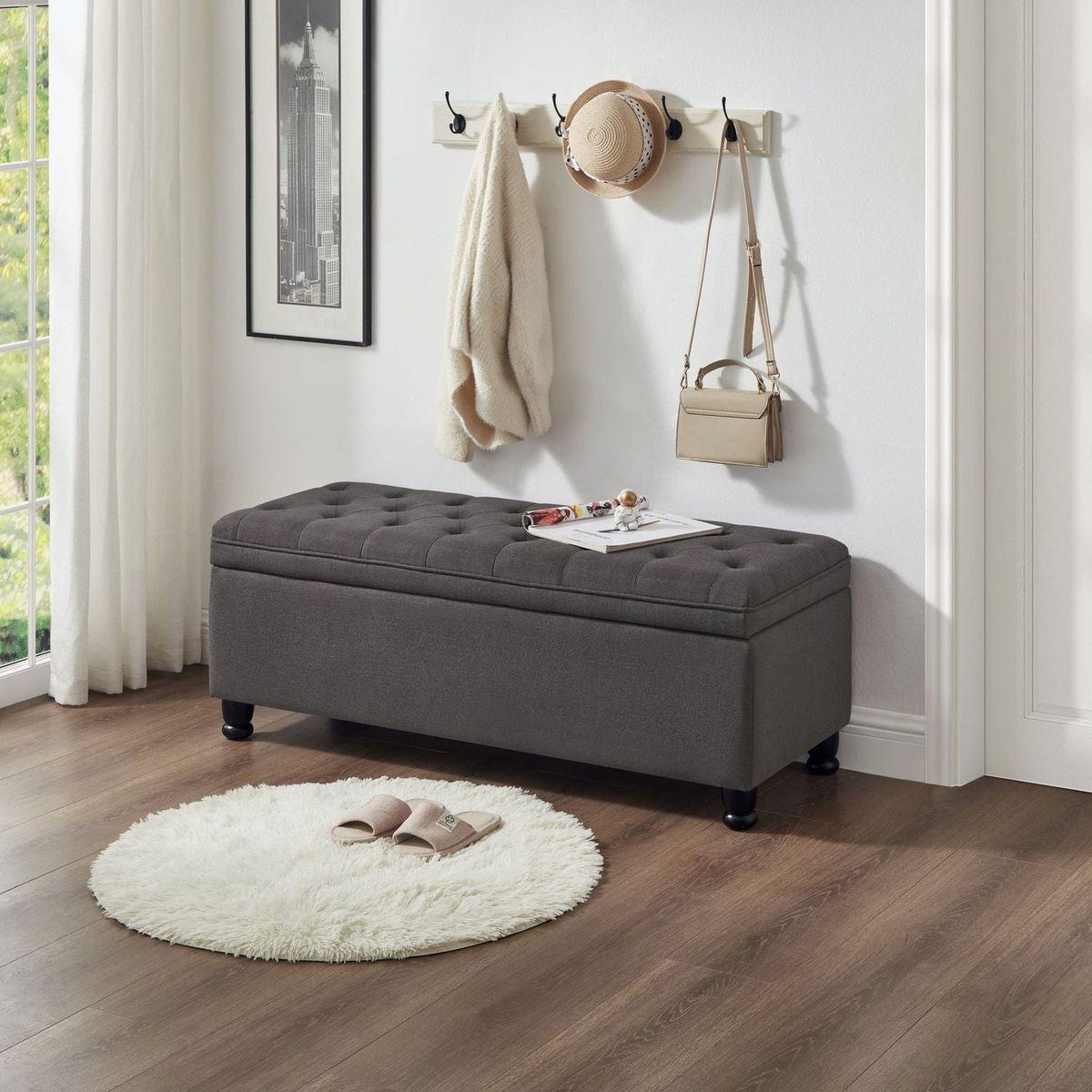 Upholstered tufted button storage bench, Linen fabric entry bench with spindle wooden legs, Bed bench- Dark Gray
