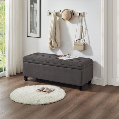 Upholstered tufted button storage bench, Linen fabric entry bench with spindle wooden legs, Bed bench- Dark Gray