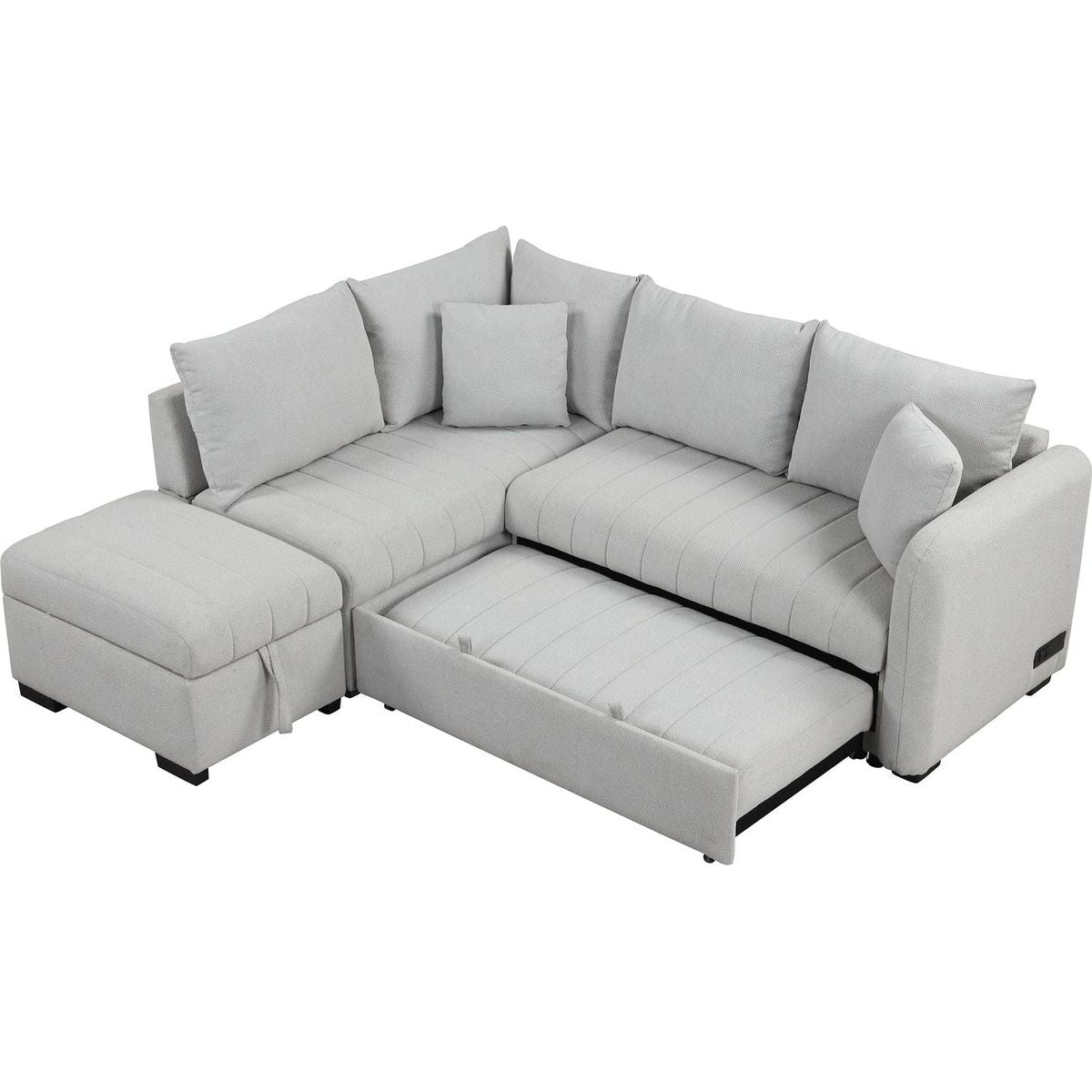 82.6" L-shaped Sectional Pull Out Sofa Bed Sleeper Sofa with Two USB Ports, Two Power Sockets and a Movable Storage Ottoman, Gray