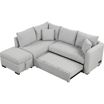 82.6" L-shaped Sectional Pull Out Sofa Bed Sleeper Sofa with Two USB Ports, Two Power Sockets and a Movable Storage Ottoman, Gray