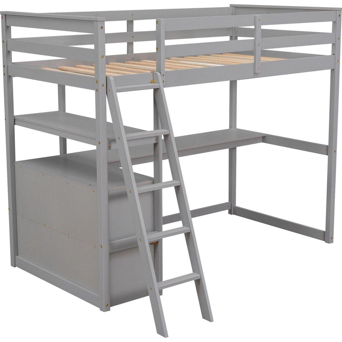 Twin Size Loft Bed with Desk and Shelves, Two Built-in Drawers, Gray