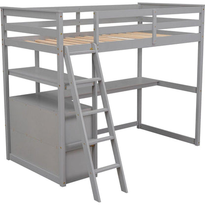Twin Size Loft Bed with Desk and Shelves, Two Built-in Drawers, Gray