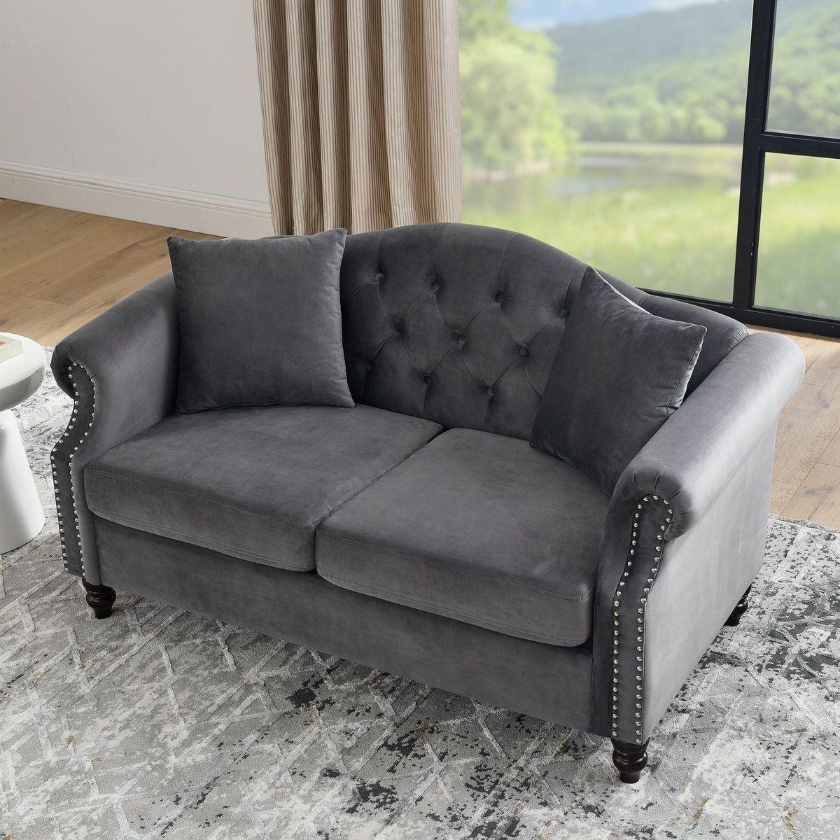 57" Chesterfield Sofa Grey Velvet for Living Room, 2 Seater Sofa Tufted Couch with Rolled Arms and Nailhead for Living Room, Bedroom, Office, Apartment, two pillows