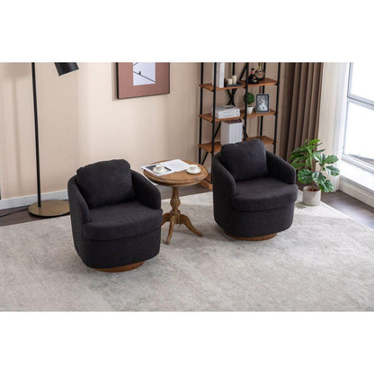 Boucle Fabric Swivel Accent Chair With Soild Wood Round Brown Base Leg,Black