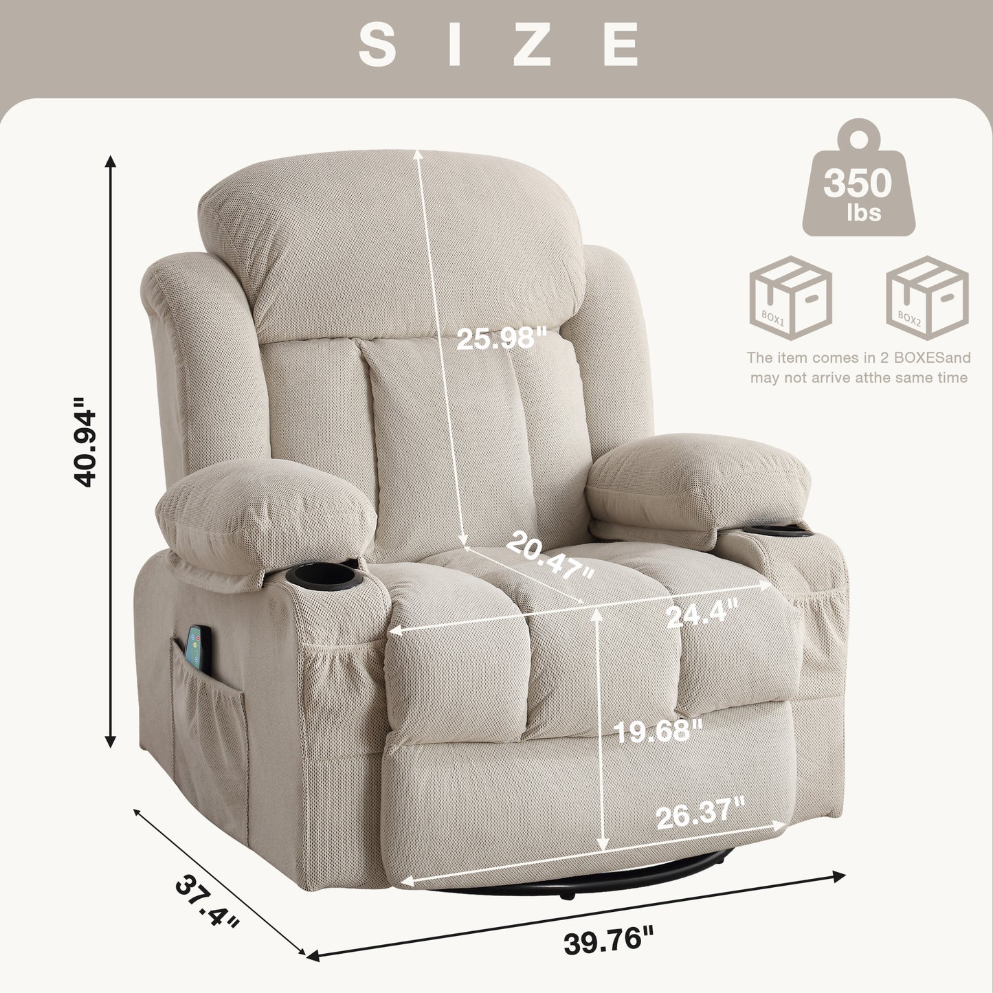 Swinging recliner massage heated sofa, with USB and 2 cup holders in side pockets, PackageA+B (BEIGE)