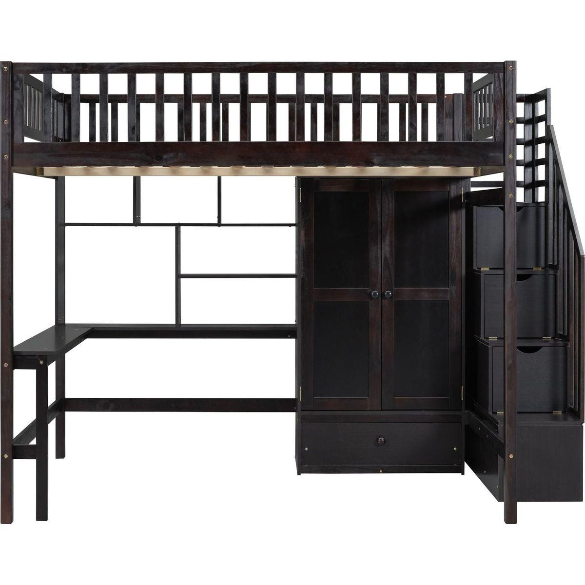 Full size Loft Bed with Bookshelf,Drawers,Desk,and Wardrobe-Espresso