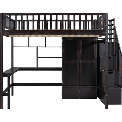 Full size Loft Bed with Bookshelf,Drawers,Desk,and Wardrobe-Espresso