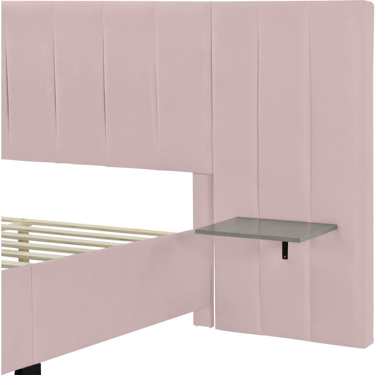 Queen Size Upholstered Platform Bed with Big Headboard, Bedroom Furniture, Velvet, Pink