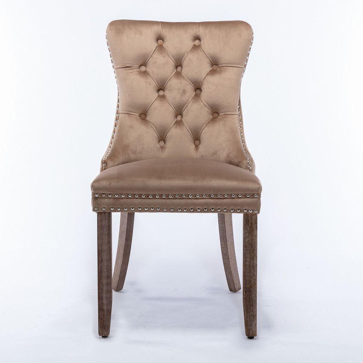 Nikki Collection Modern, High-end Tufted Solid Wood Contemporary Velvet Upholstered Dining Chair with Wood Legs Nailhead Trim 2-Pcs Set, Khaki