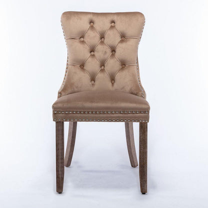 Nikki Collection Modern, High-end Tufted Solid Wood Contemporary Velvet Upholstered Dining Chair with Wood Legs Nailhead Trim 2-Pcs Set, Khaki