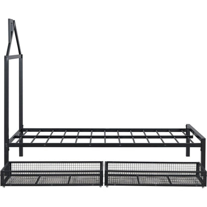 Twin Size Metal Platform Bed with two drawers,House-Shaped Headboard Design, Black