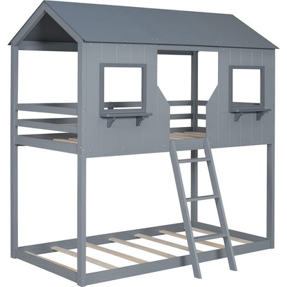 Twin Over Twin Bunk Bed Wood Bed with Roof, Window, Guardrail, Ladder (Gray)