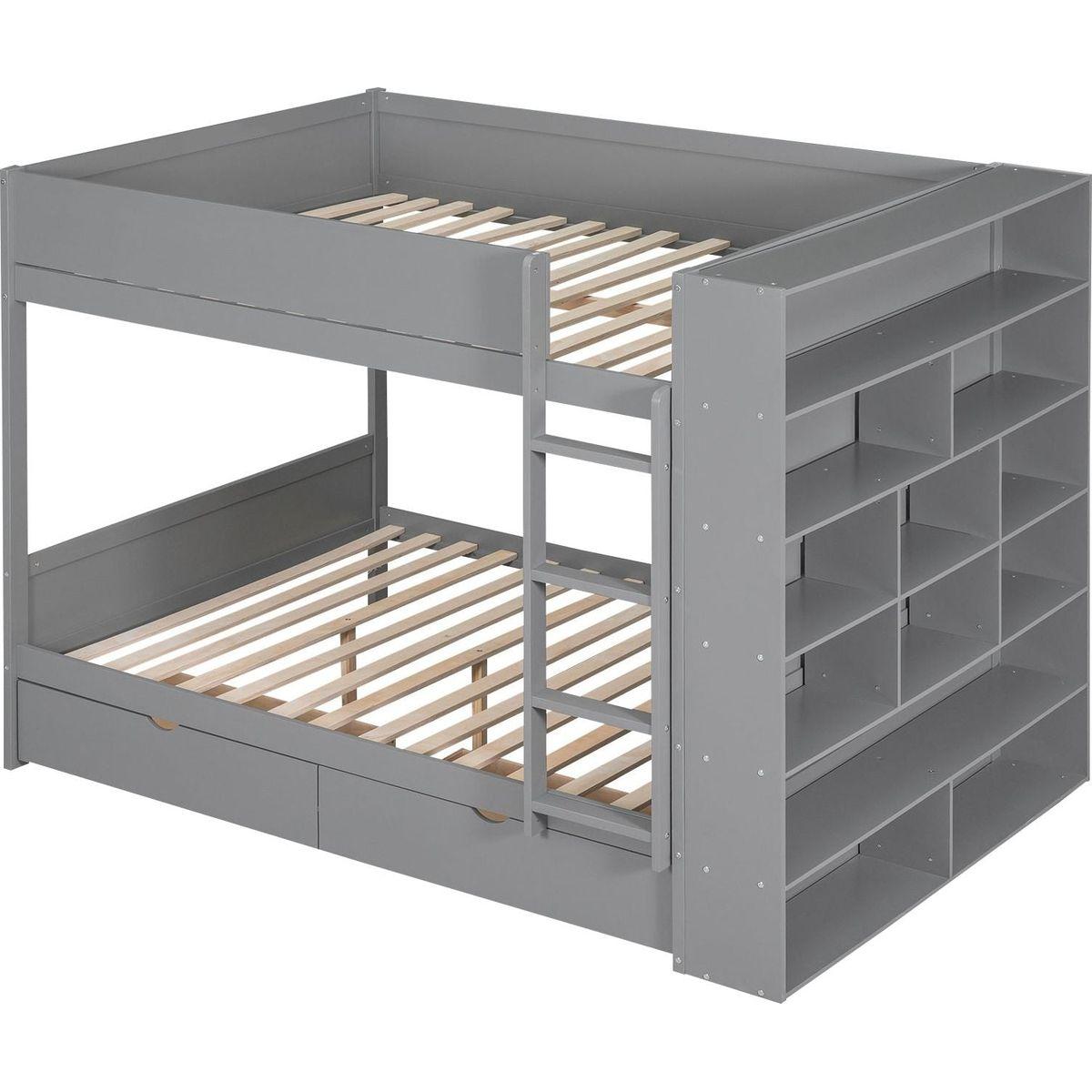 Full over Full Bunk Bed With 2 Drawers and Multi-layer Cabinet, Gray