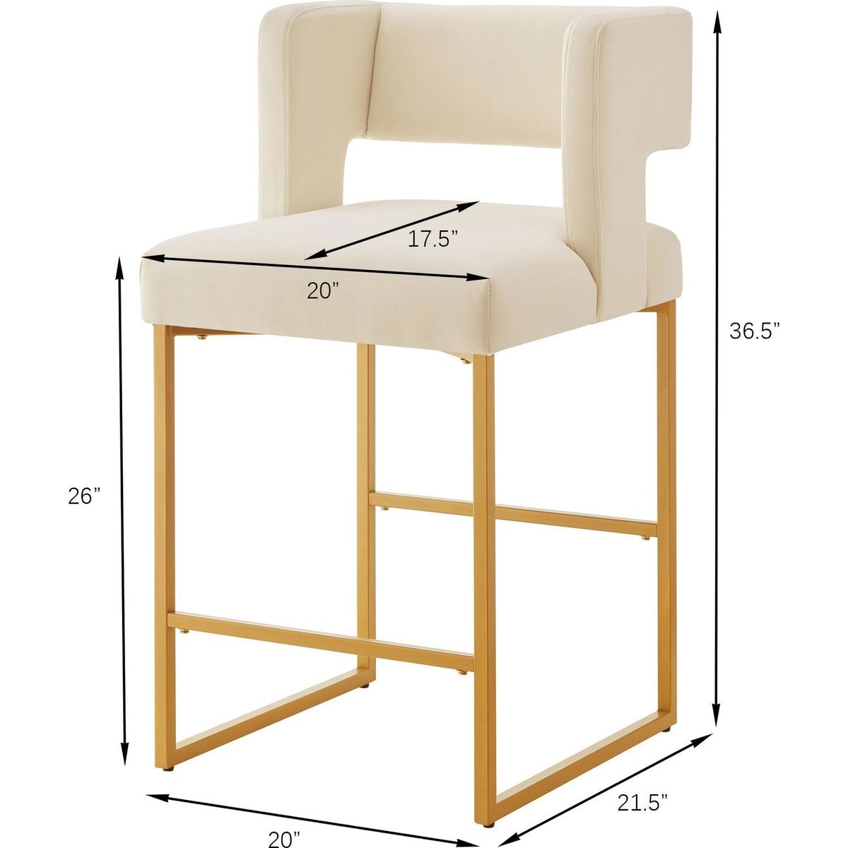 Modern Fashion Counter Height Bar Stools with Unique Square Open Backrest, Set of 2 Versatile Bar Chairs with Sturdy Iron Legs, 26" H Counter Height Chairs for kitchen islands, Cream /Gold