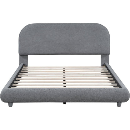 Teddy Fleece Full Size Upholstered Platform Bed with Thick Fabric, Solid Frame and Stylish Curve-shaped Design, Gray