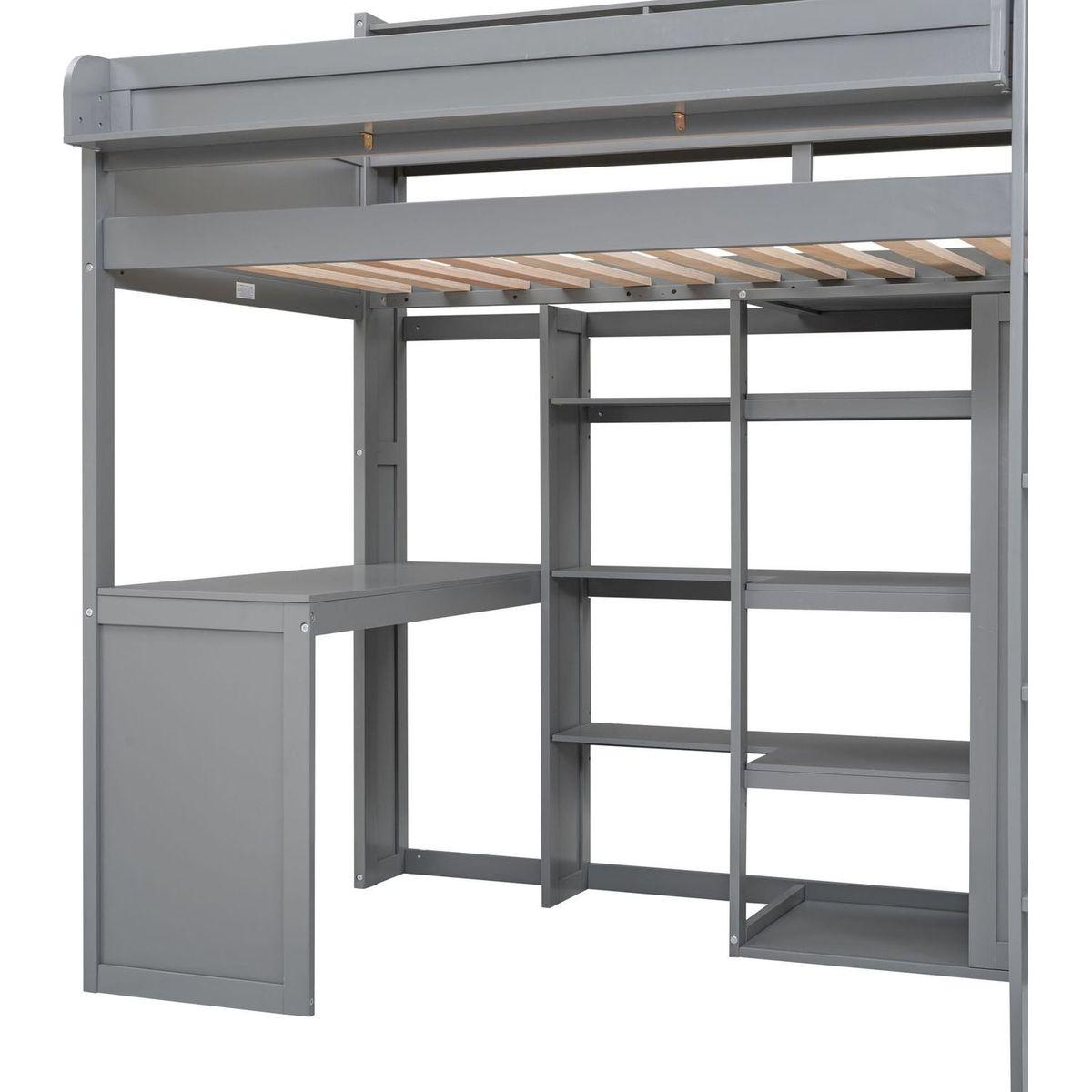 Wood Twin Size Loft bed with Multiple Storage Shelves and Wardrobe, Gray