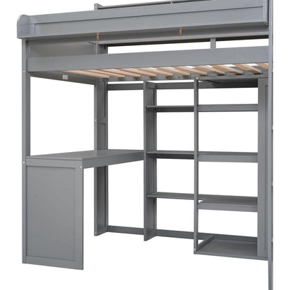 Wood Twin Size Loft bed with Multiple Storage Shelves and Wardrobe, Gray