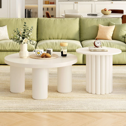 U-Can Modern Coffee Table Set of 2, Round Coffee Table with Cylindrical Leg Design and 1 End Table for Living Room