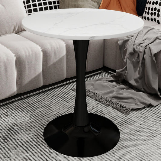 27.6-inch black coffee table, mid-century modern style dining table, accommodates 2-4 people, featuring a round white-veined marble tabletop, suitable for various settings.