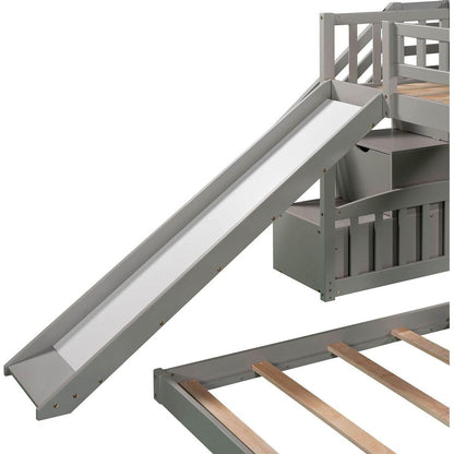 Stairway Twin over Twin Bunk Bed with Two Drawers and Slide, Gray