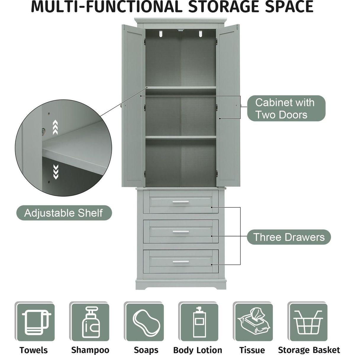 Tall Storage Cabinet with Three Drawers for Bathroom/Office, Grey