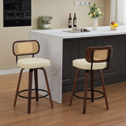 Set of 2 Counter Height Bar Stools - 26 inch Rattan Counter Height Stools with Cane Back, Upholstered Seat, Walnut Craftsmanship, Swivel Counter Stools for Island/Kitchen/Counter/Bar (Walnut /Beige) - Streamdale Furniture