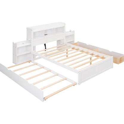 Full Size Storage Platform Bed with Pull Out Shelves, Twin Size Trundle and 2 Drawers, White