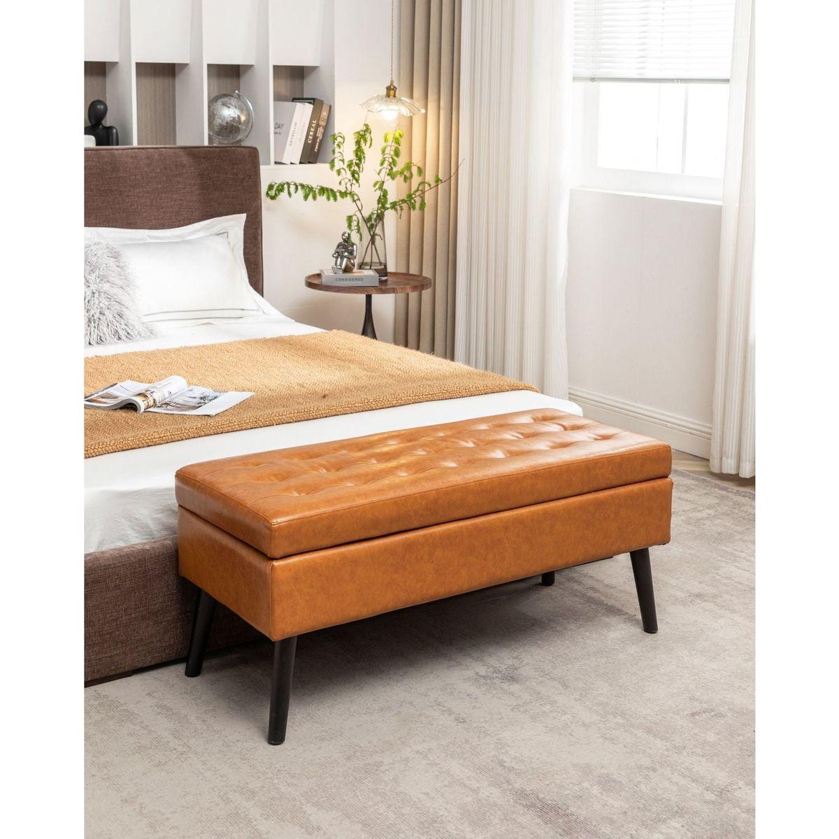 Storage Bench with Storage Bench for Bedroom End of Bed Bench Foot of Bed Bench Entryway Bench Storage Ottoman Bench 43.3" W x 17.7" Brown Leather Bench