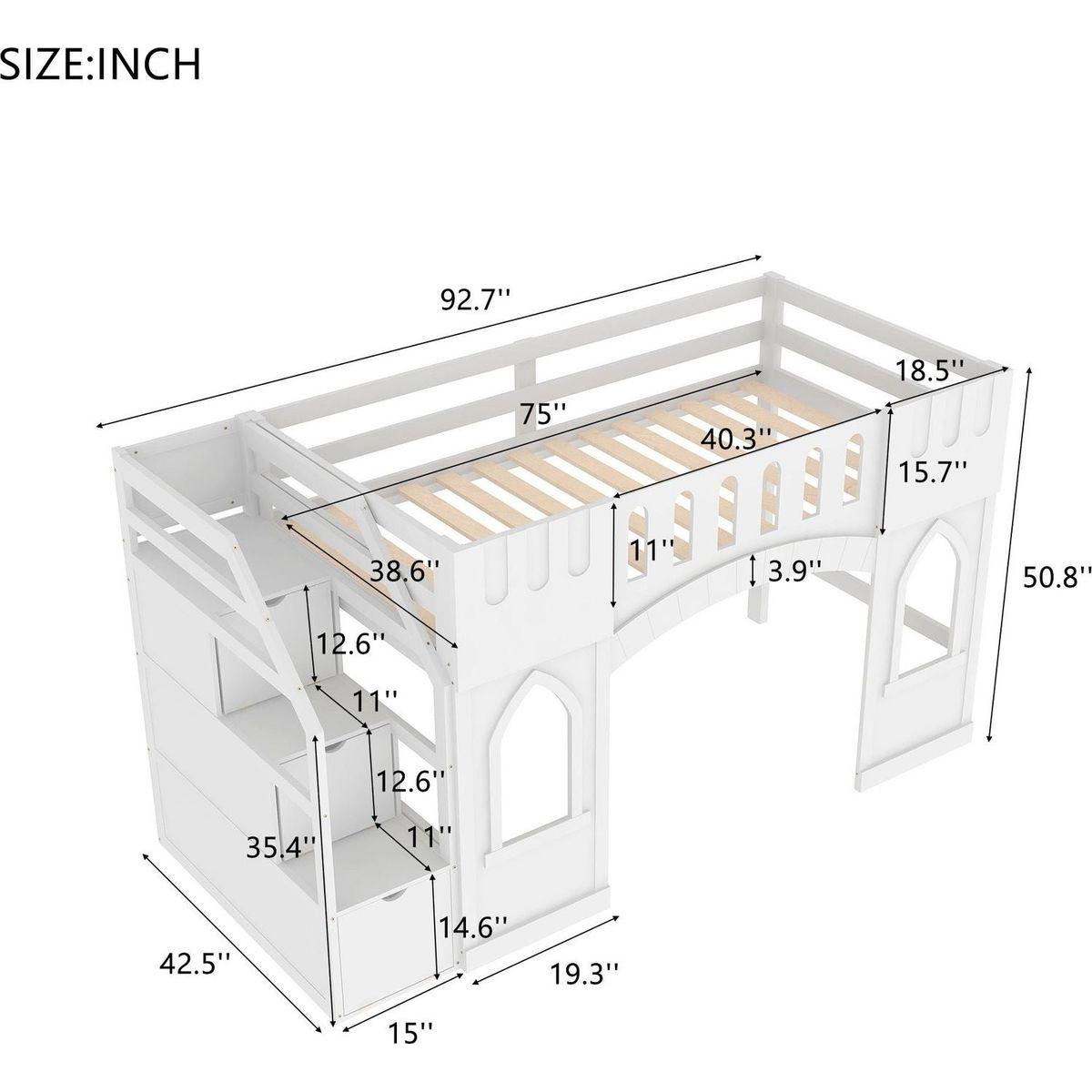 Twin Size Loft Bed with Storage Staircase and Window, White