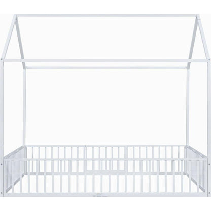 Full Size Metal House Bed with Fence and Door, White
