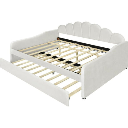 Full Size Upholstery Daybed Frame with Shall Shaped Backrest and Trundle,Beige