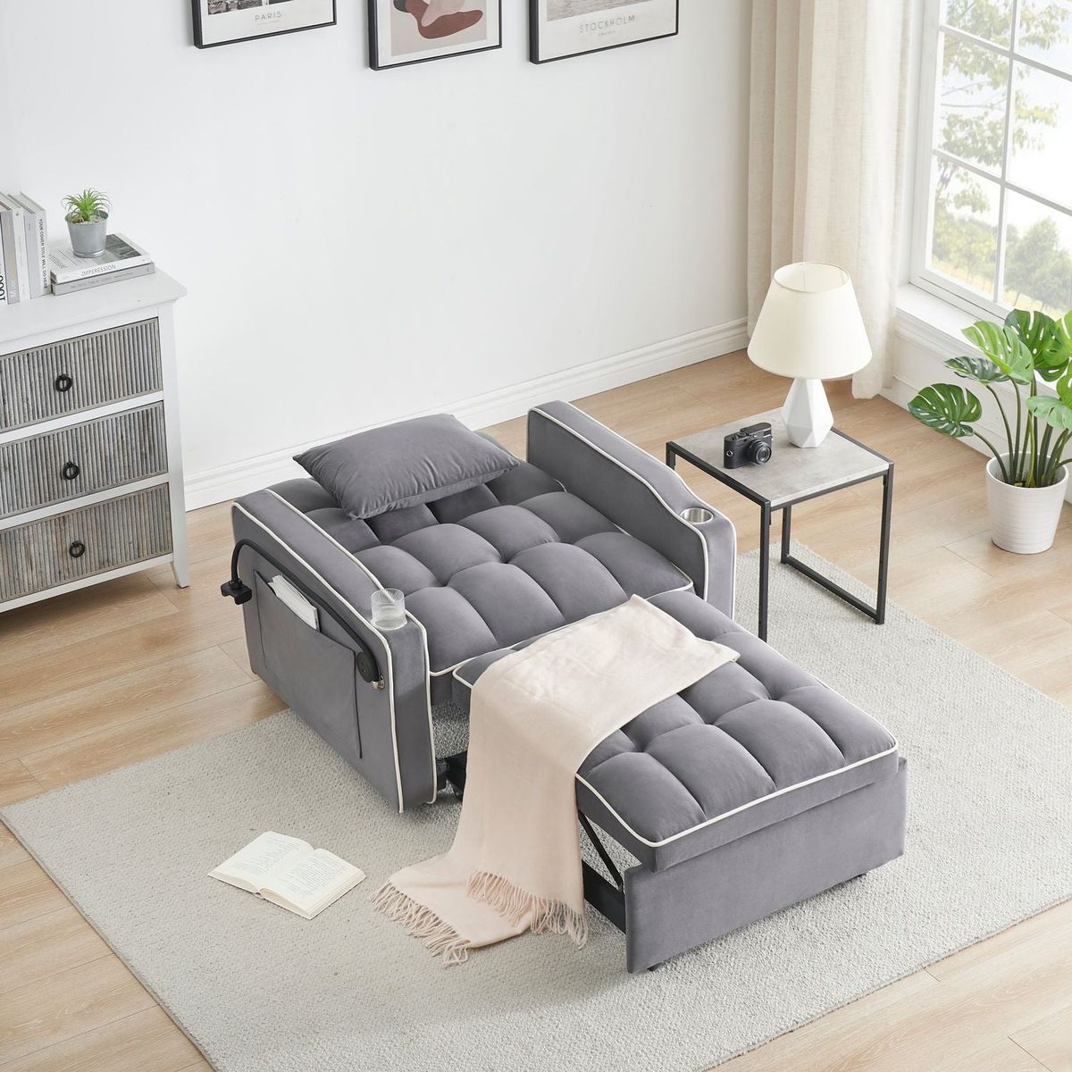 1 versatile foldable sofa bed in 3 lengths, modern sofa sofa sofa velvet pull-out bed, adjustable back and with USB port and ashtray and swivel phone stand dark grey