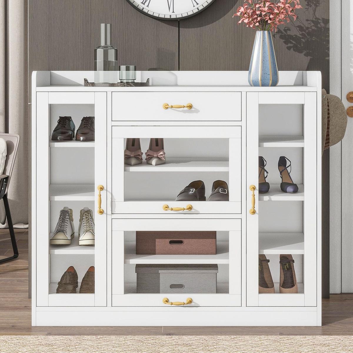 Modernist Side Cabinet with 4 Glass Doors & 3 Hooks, Freestanding Shoe Rack with Multiple Adjustable Shelves, Versatile Display Cabinet with Gold Handles for Hallway, Living Room, White